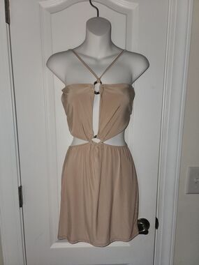 PrettyLittleThing Beige Cutout Halter Mini Dress with Ring Detail